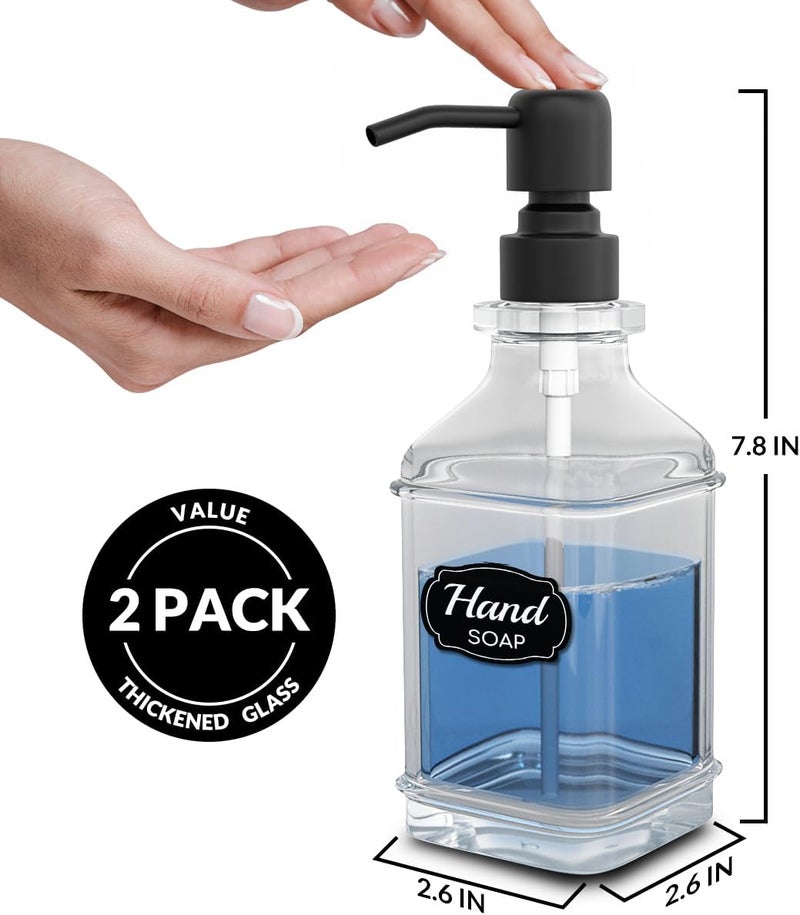LMQML Soap Dispenser - 2 Pack, Antique Design Thick Glass Hand Soap Dispensers with Sturdy Tray; 304 Rust Proof Stainless Steel Black Pump, 12Pcs Stickers, for Kitchen, Bathroom - Image 3